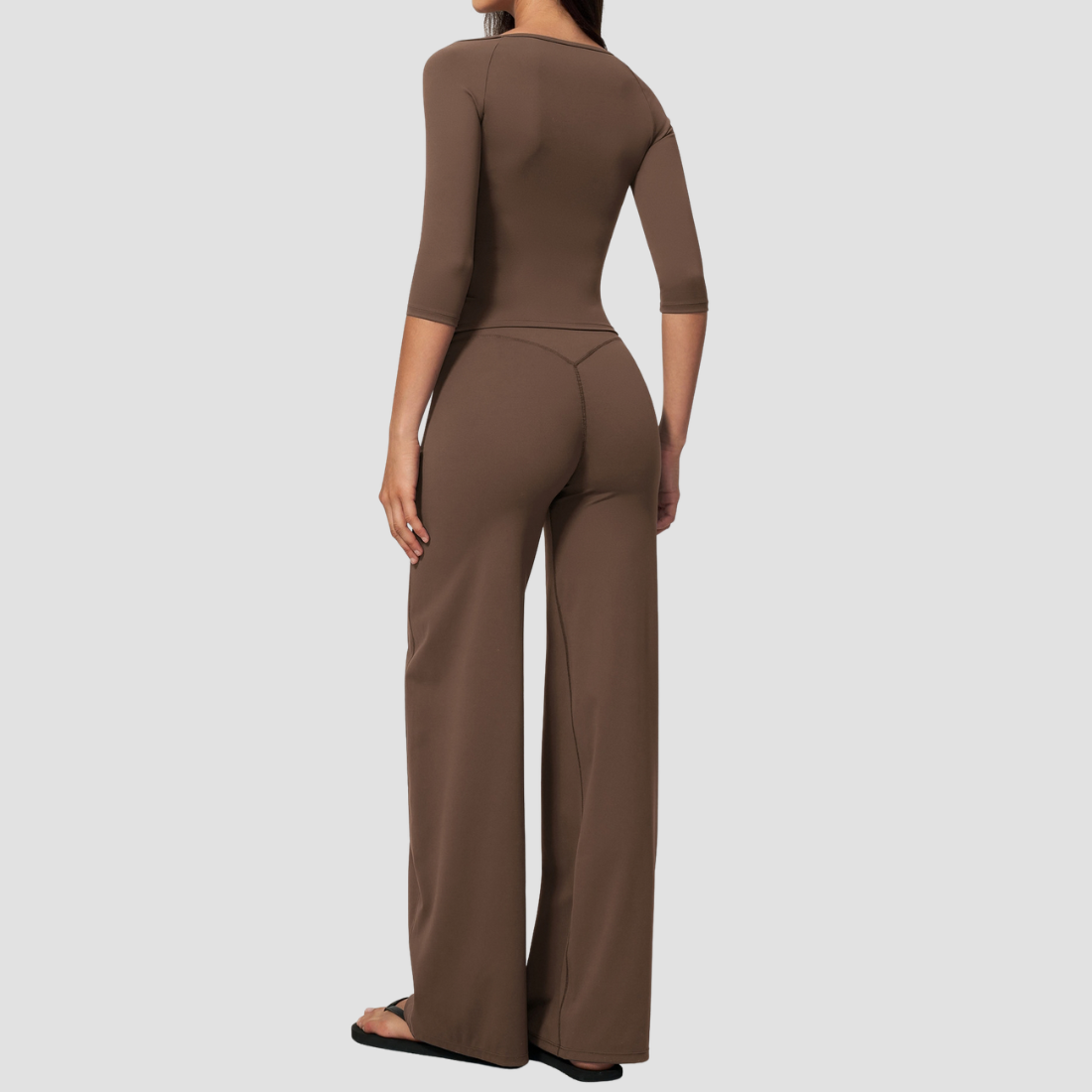Wholesale Women's Round neck mid sleeve top+Hip lift Wide-Leg Yoga Set