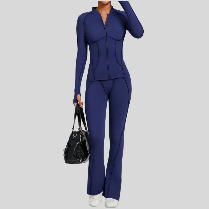 Thumb-buckle zipper jacket + slightly flared pants+2-piece set