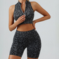 Women's Leopard Print Zipper Tank Top+Hip High Shorts 2-Piece Set