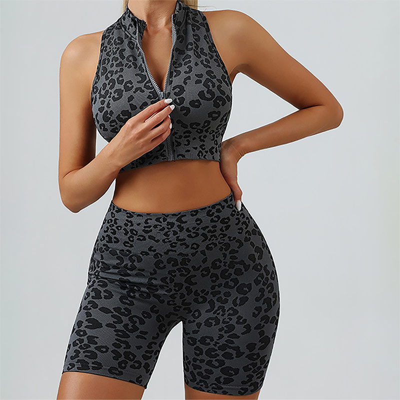 Women's Leopard Print Zipper Tank Top+Hip High Shorts 2-Piece Set