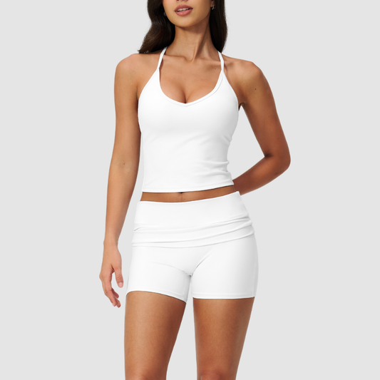 Wholesale women's brushed vest and fold-over hip-lifting shorts set