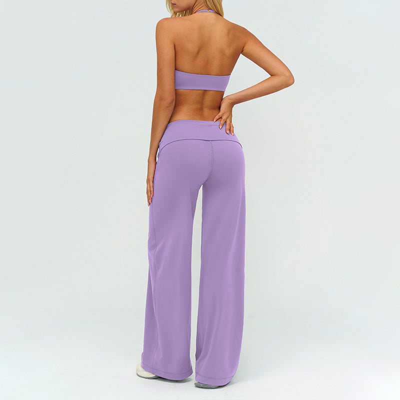 V-neck backless sports bra + high-waisted loose wide-leg pants 2-piece set