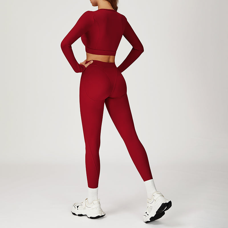 Round-neck long-sleeve high-waist fitted top+HIGH WAIST LEGGINGS 2-PIECE SET