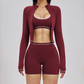 Color blocking Sports jacket+Sport Bra+High waisted shorts 3-piece set