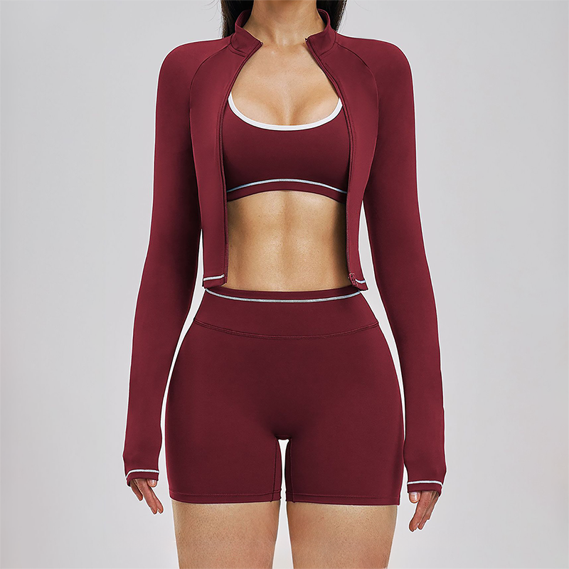 Color blocking Sports jacket+Sport Bra+High waisted shorts 3-piece set