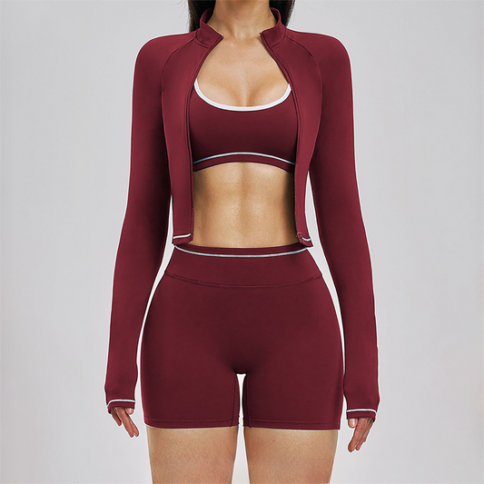Color blocking Sports jacket+Sport Bra+High waisted shorts 3-piece set