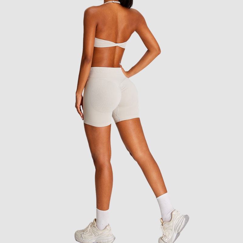 Wholesale Seamless Halter Sports Bra & High-Waist Biker Shorts Set – Naked-Feel Peach-Lift Yoga 2-Piece
