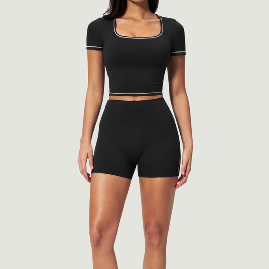 Wholesale Women's Seam-Detail Colorblock Short Sleeve Crop Top – Butt-Lifting Yoga Gym Activewear FDX2036