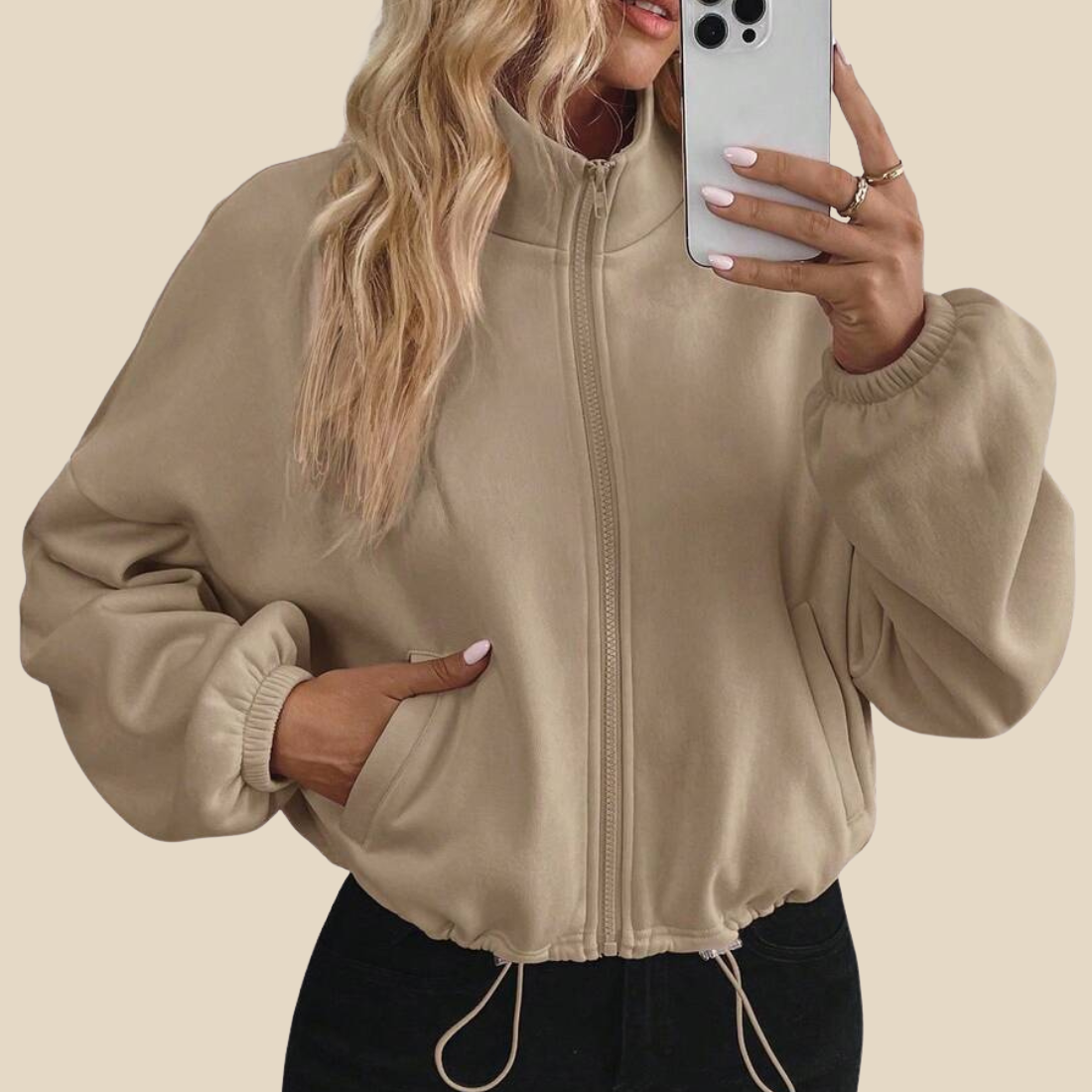 [Women's Casual Activewear] Fleece-Lined Stand-Collar Zip Jacket