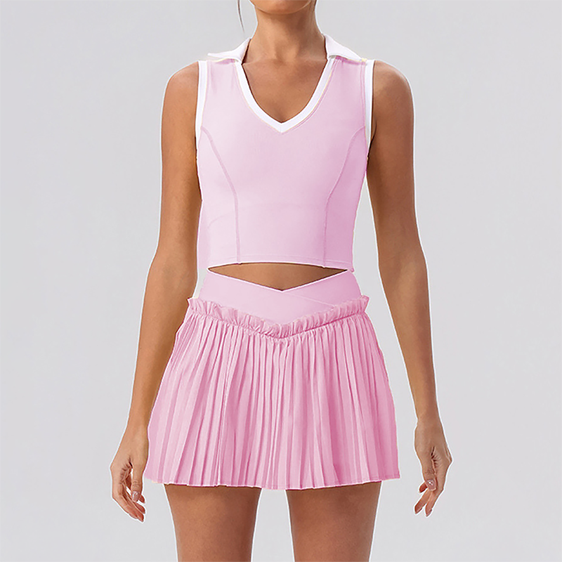 Wholesale Women's Halter Neck Sports Bra & Pleated Mini Skirt Set with Chest Pad