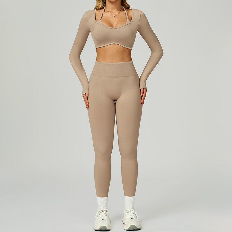 Seamless halter long sleeve top + High-waisted leggings 2-Piece Set