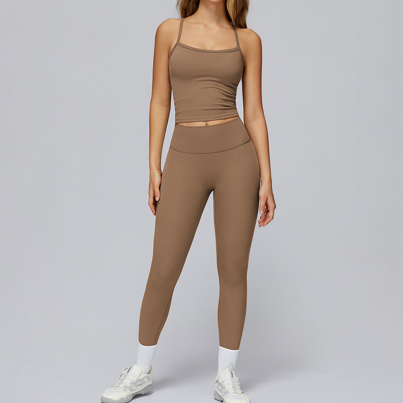 Tapa del tanque de yoga de cruz cepillado + Leggings de cintura alta de 2 piezas