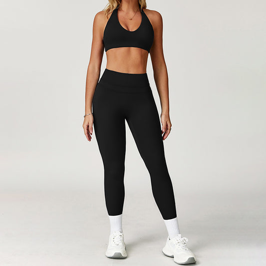 Brushed halter backless Sports Bra + High-Waist leggings 2-Piece Set
