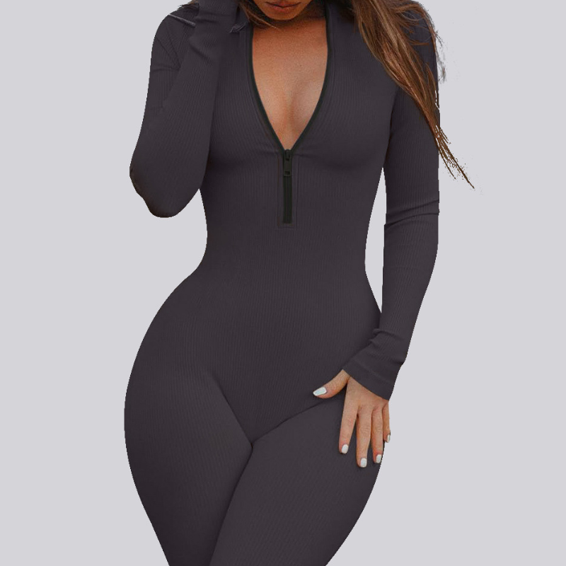 Women's ribbed long-sleeve zip-up casual athletic jumpsuit