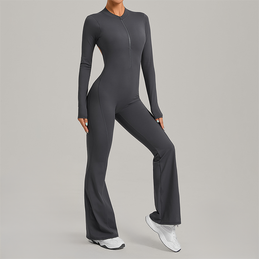 Zipper long sleeved backless fitness jumpsuit