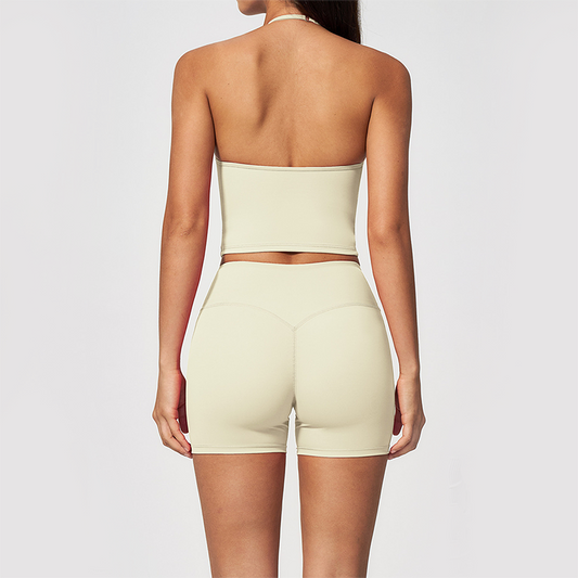 Wholesale Women's Halter Neck Yoga Set – Deep V-Neck Bra & High-Waist Shorts