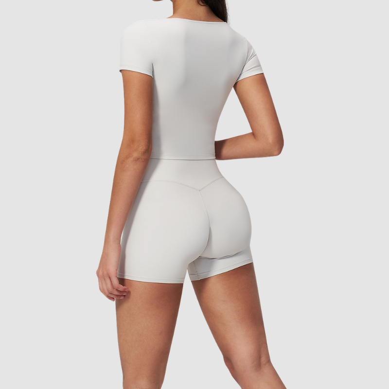 Wholesale Seam-Detail Cropped Short-Sleeve Top & High-Waist Biker Shorts Set – Brushed Yoga 2-Piece