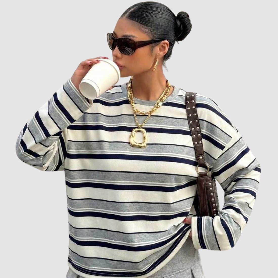 Wholesale Women's Striped  Loose Colorblock Long Sleeve Round-Neck Sweatshirt