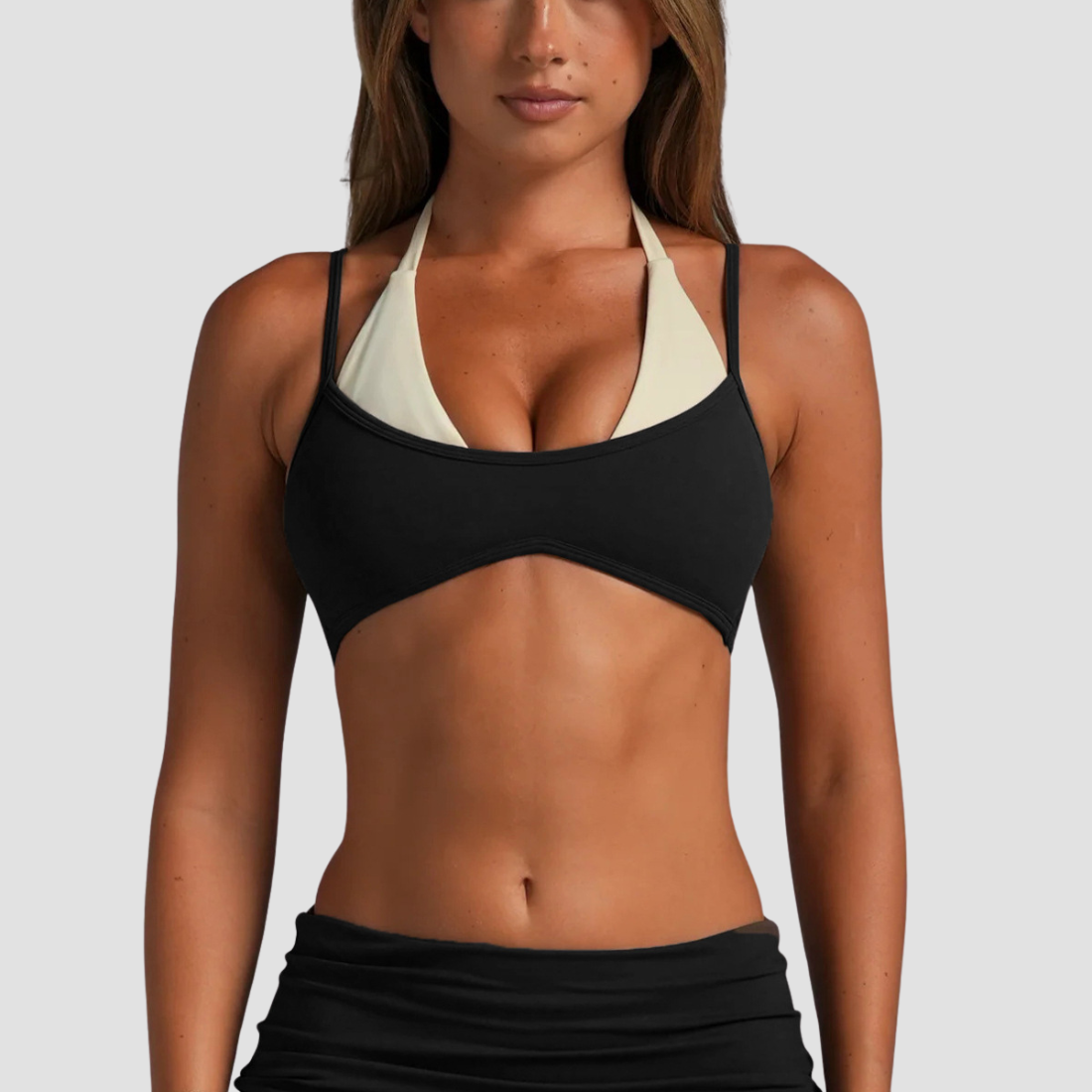 Wholesale Women's Halter Neck Faux Two-Piece Sports Bra with Adjustable Straps