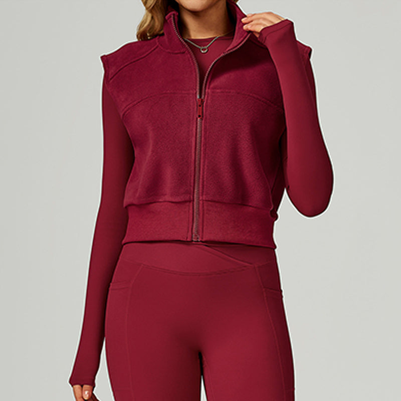 High neck and velvet full zipper sports vest top