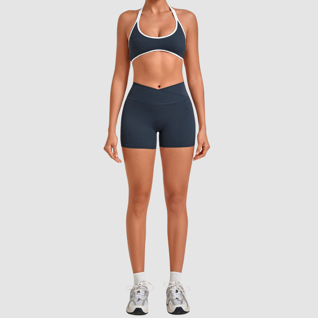 Wholesale Women’s Contrast Sports Bra & High-Waist Biker Shorts Yoga Set