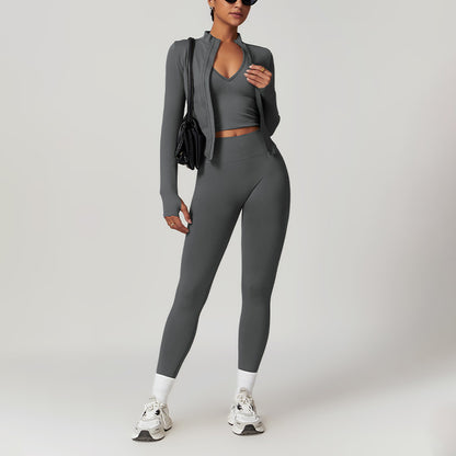 Nahtloser Yoga BH + Legging + Langschläfe Full Reißverpackungsjacke 3-teiliges Set