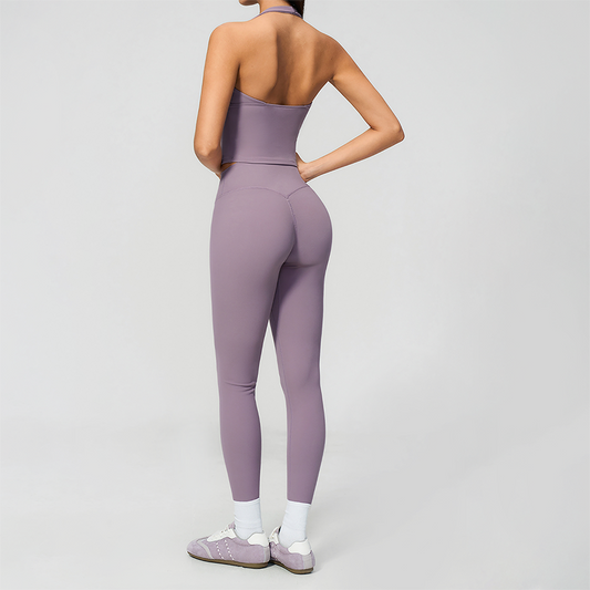 Wholesale Women's Cream-Feel Fleece Deep-V Halter Neck Tank Top & Leggings Set