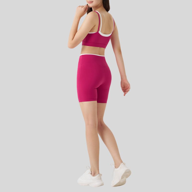 Fake two-piece contrasting color sports bra + shorts