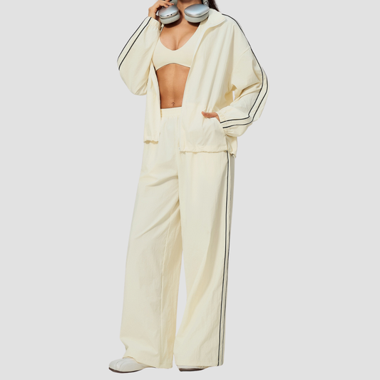 Wholesale Women's Stand-Collar Zip Jacket and Wide-Leg Long Pants Set