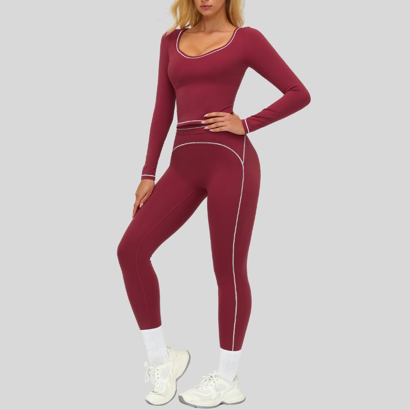 Color-blocked long-sleeved sports top+High waisted leggings 2-piece set