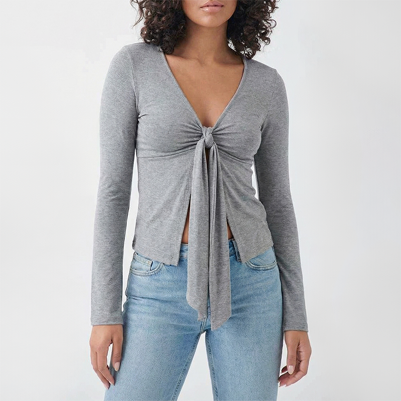 Wholesale Modal-Blend Tie-Front Bow Long-Sleeve Fitted T-Shirt – Elegant Slim-Fit Top