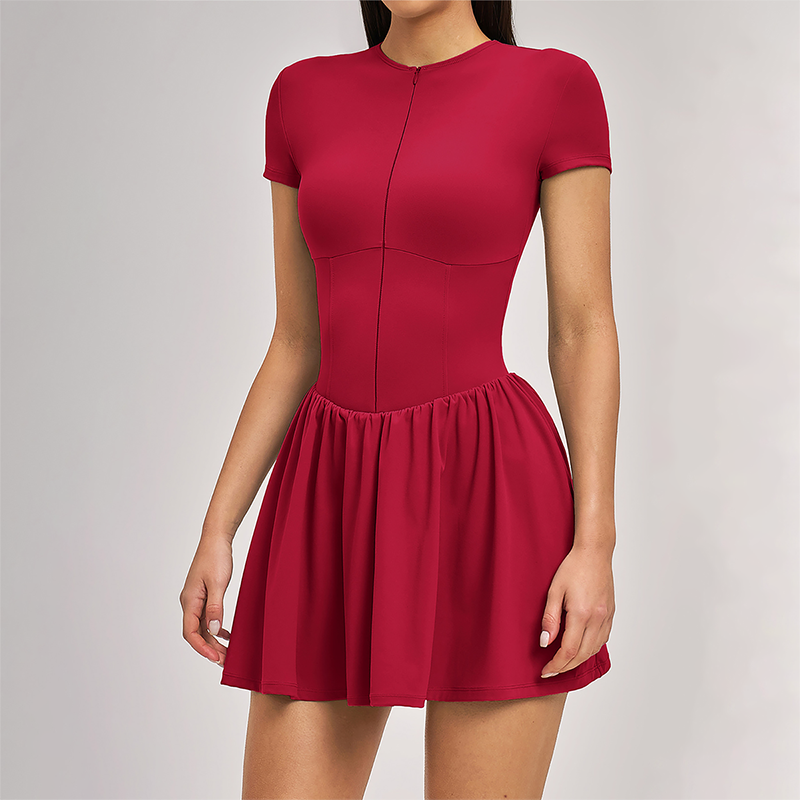 Solid Half Zipper Pleated Anti-Exposure Tennis Dress