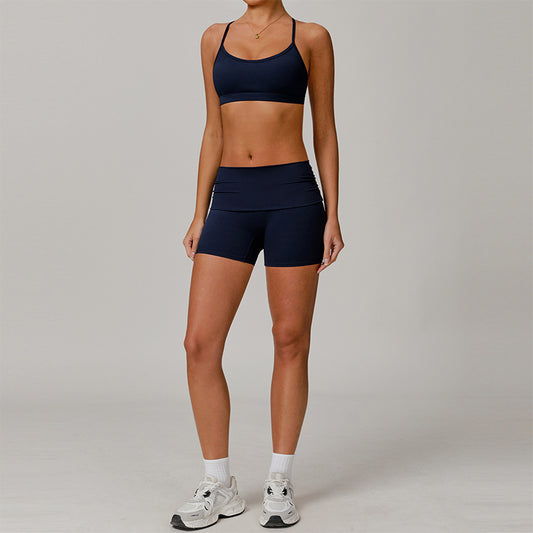 Cruce y correas delgadas Sports Bras + Shorts de cintura alta de 2 piezas