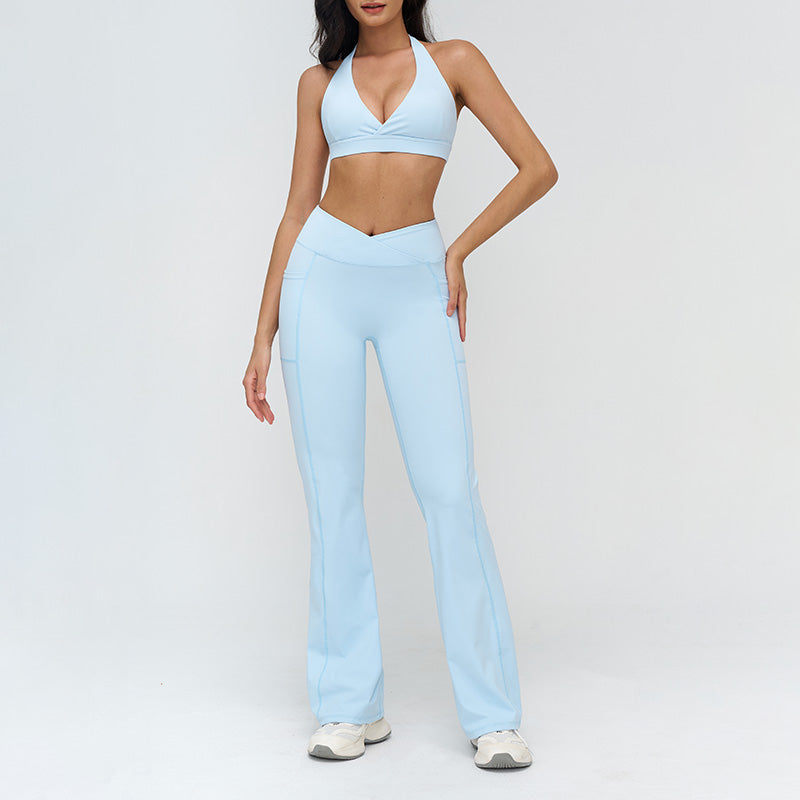Halterneck backless bra + Flared pants 2-piece set