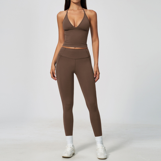 Wholesale Women's Deep-V Sleeveless Vest + Long Pants Yoga Set