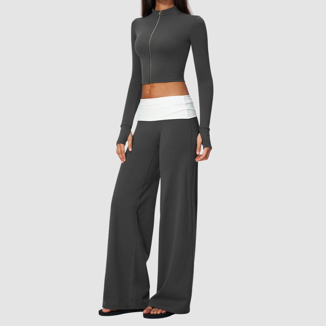 Wholesale Women’s Stand-Collar Zip Jacket & Flared Yoga Pants Set