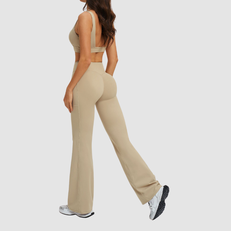 Wholesale Solid Color Halter Neck Sports Bra + High-Waisted Flare Pants