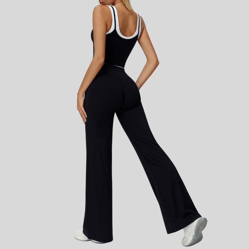 Two-piece contrasting sports tank top+port slightly flared pants 2-piece set