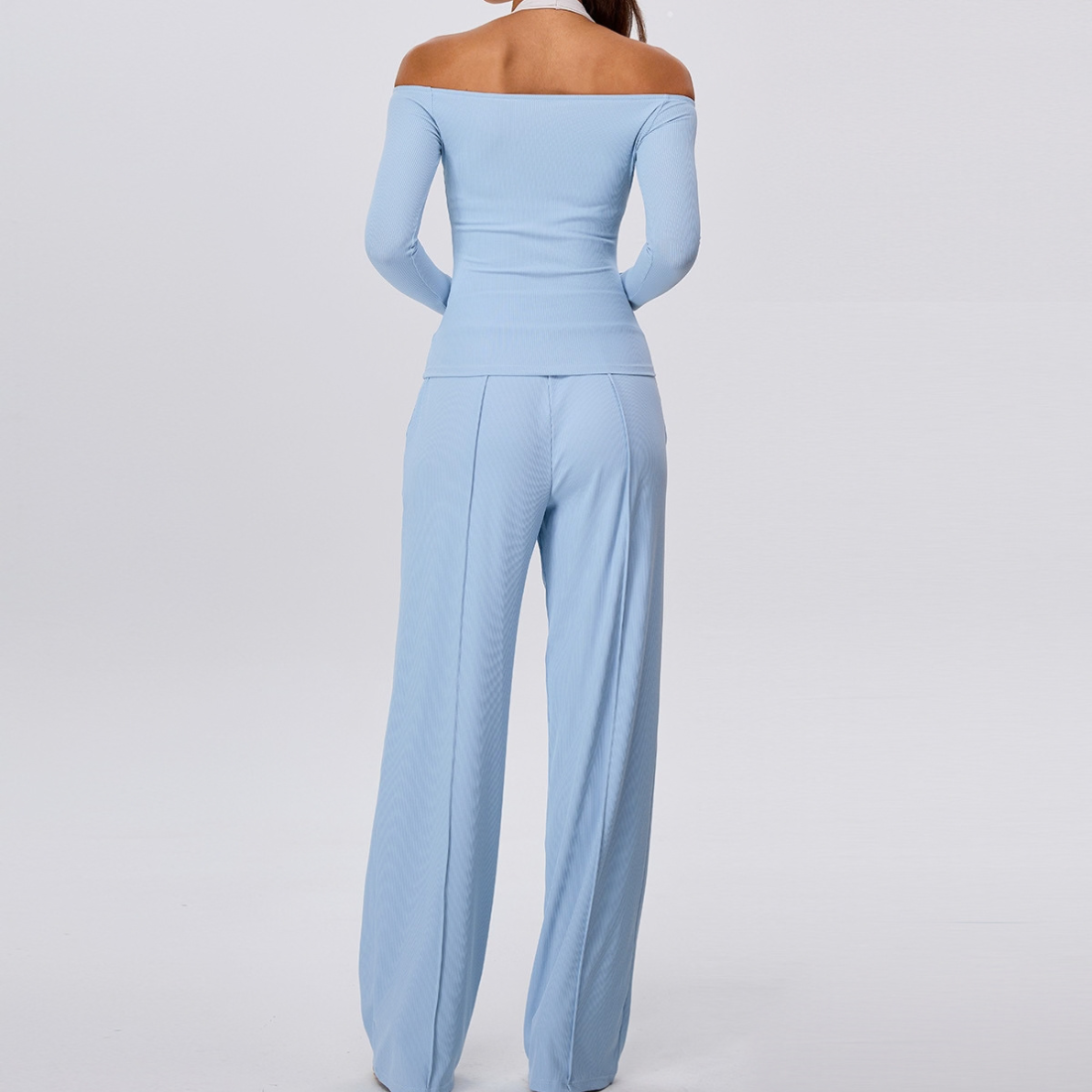 Wholesale Women's Padded Sports Bra+Off-Shoulder Long-Sleeve+Wide-Leg Pants Yoga Set