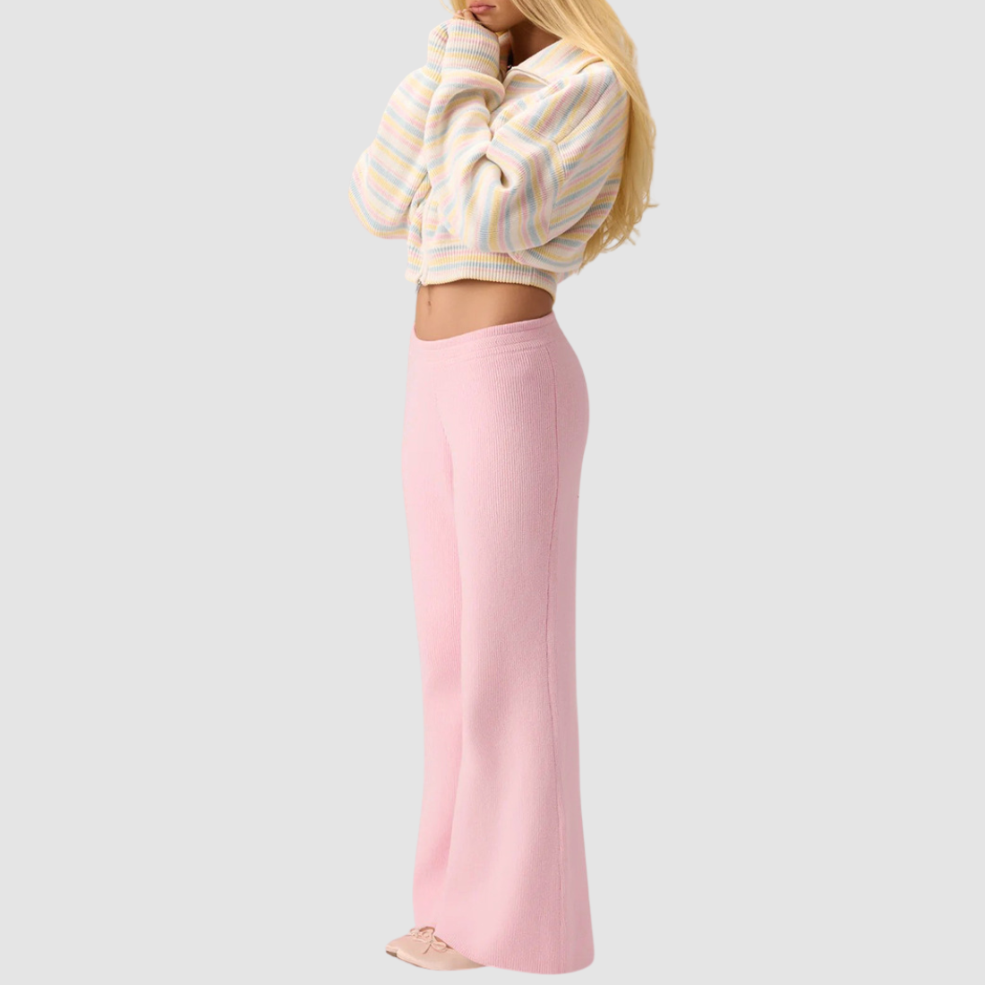 Wholesale Women's Sweaters Striped Stand-Collar Zip Knit Top & Flared Pants Set