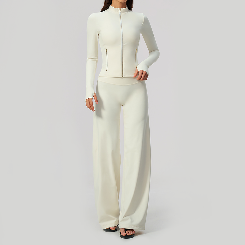 Wholesale Women's Zip-Up Yoga Jacket Set – Relaxed Wide-Leg Pants Activewear Set