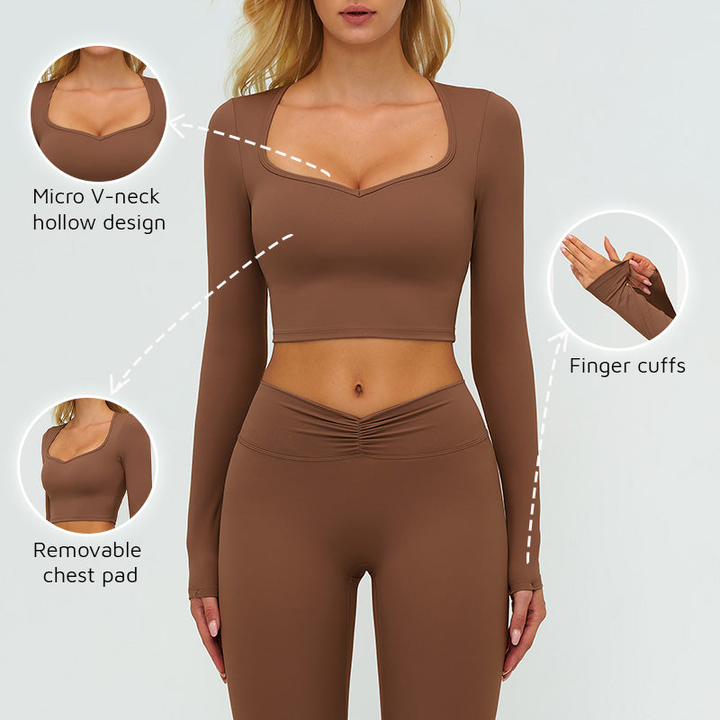V-neck long-sleeved top with removable bra pads