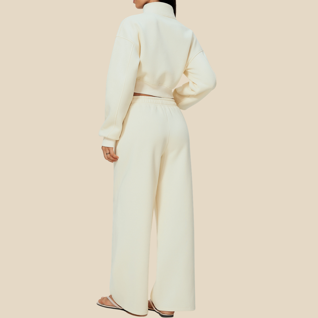 Wholesale Women's Activewear High-neck zip-up Jacket+Fleece-lined wide-leg pants Set