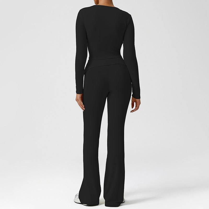 Snug-Fit Cropped Long Sleeve + Flared Leg Pants 2-Piece Set