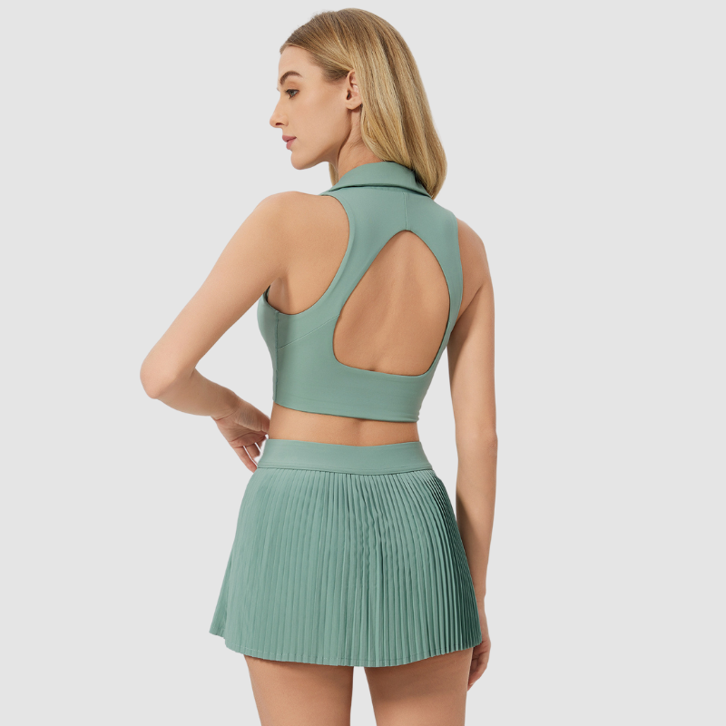 Wholesale Polo Collar Sports Bra + Pleated Tennis Skirt 2 Piece Set
