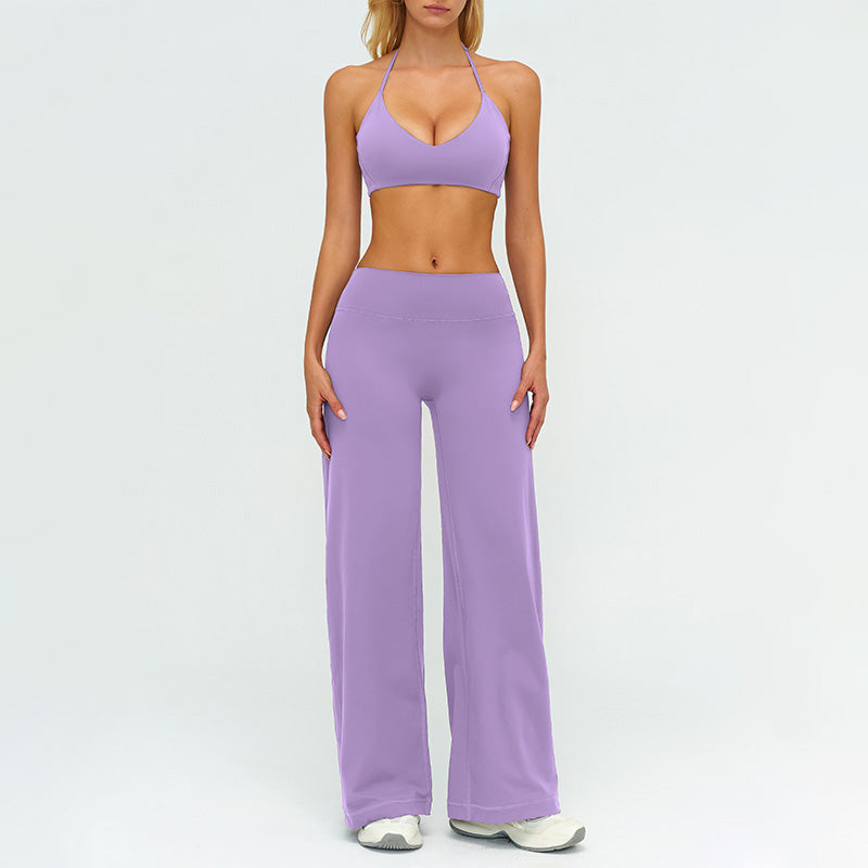 V-neck backless sports bra + high-waisted loose wide-leg pants 2-piece set