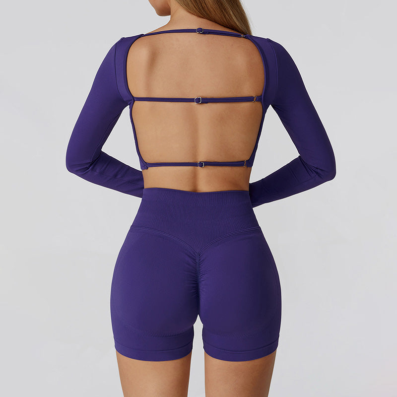 Seamless long sleeve Sports top + High-waisted shorts 2-Piece Set