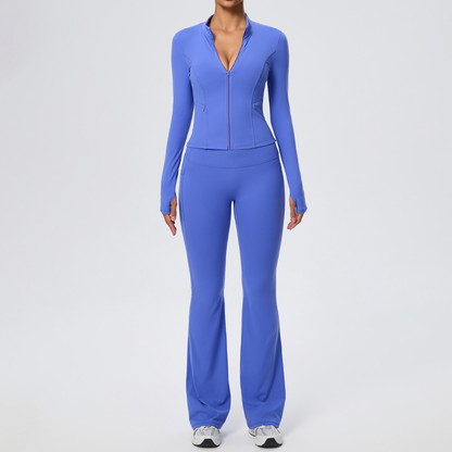 Wholesale Women's Activewear Zip Pocket Jacket & Flare Pants Yoga Set