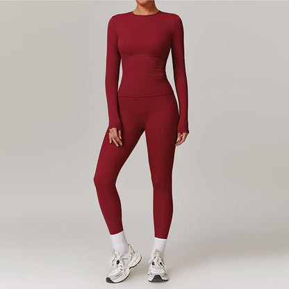 Brushed long sleeve yoga top + High-waisted leggings 2-piece set