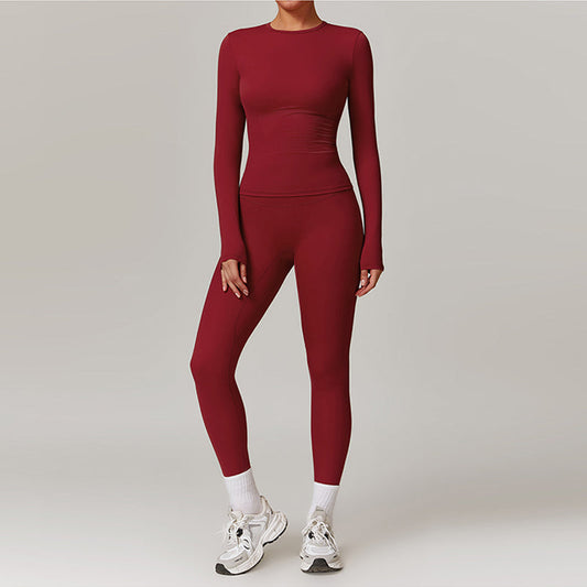 Brushed long sleeve yoga top + High-waisted leggings 2-piece set